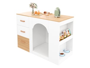 Desserte de cuisine avec espace pour animal, 3 tiroirs et 2 niches ouvertes, en mdf blanc, 120 × 60 × 90 cm