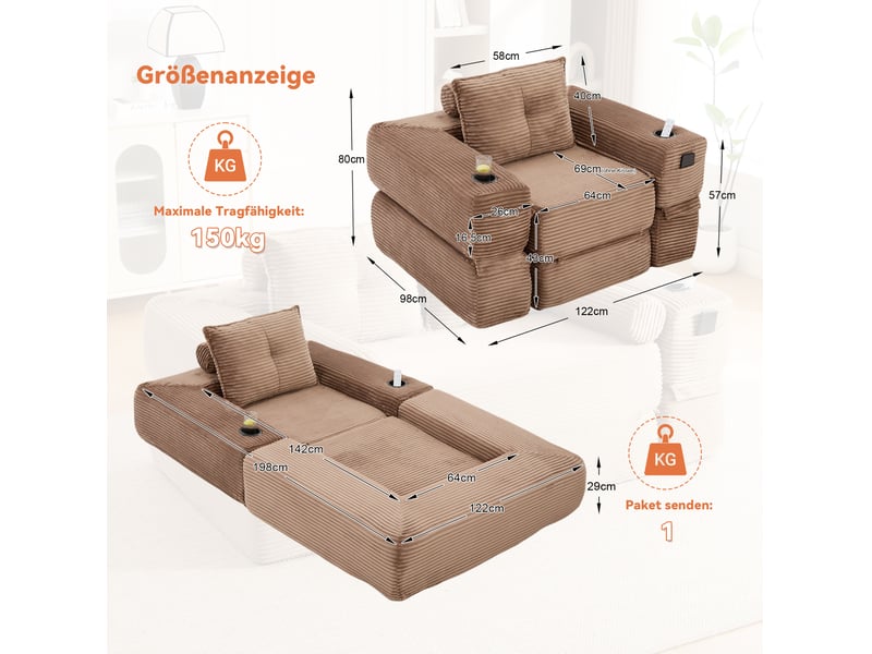 Canapé droit convertible 1 place en velours côtelé marron, avec poche latérale et porte-gobelet pratique - Conforama C