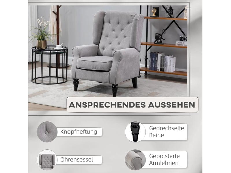  Fauteuil relax avec capitonnage et pieds en bois, dossier haut et assise large, en polyester gris  - Conforama E