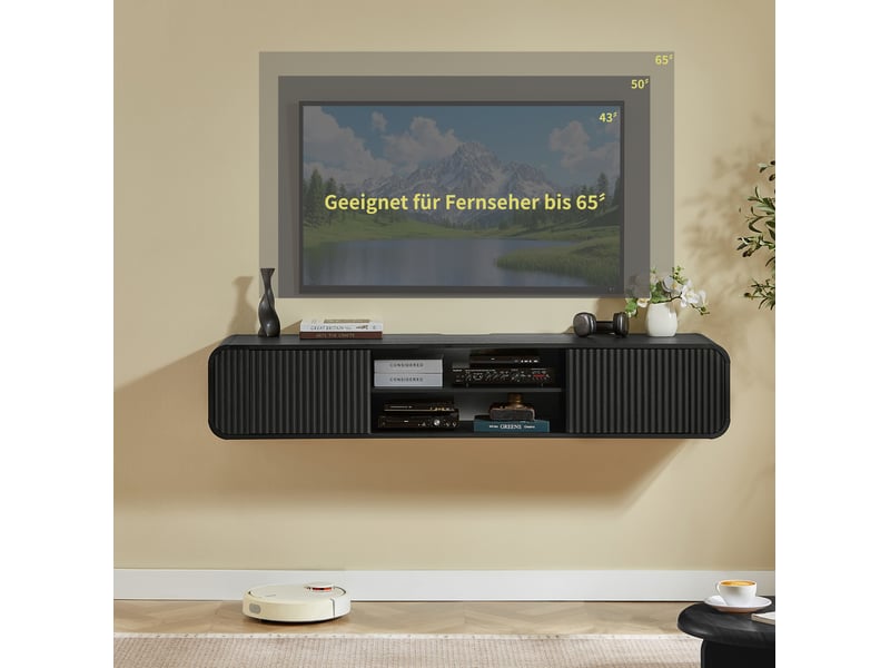 Meuble tv mural tcqpz 160 x 38 x 30 cm avec rangement ouvert et passe-câbles noir - Conforama E