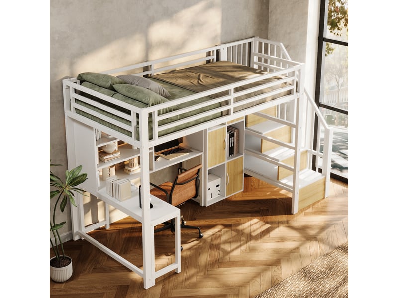  Lit mezzanine 90 x 200 cm, structure en métal, échelle-armoire, étagère de rangement, bande led, métal, blanc Bliss Lite - Conforama E