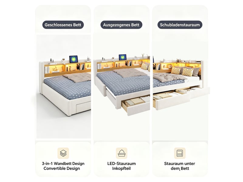 Lit banquette extensible 3-en-1 90x200cm, convertible en lit double 180x200cm, lit gigogne, tiroirs, led et prise, velours beige evarich - Conforama D