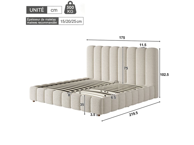  Lit double rembourré 160 x 200 cm avec coffre hydraulique, tête de lit capitonnée et pieds en bois massif, bouclé blanc  - Conforama C