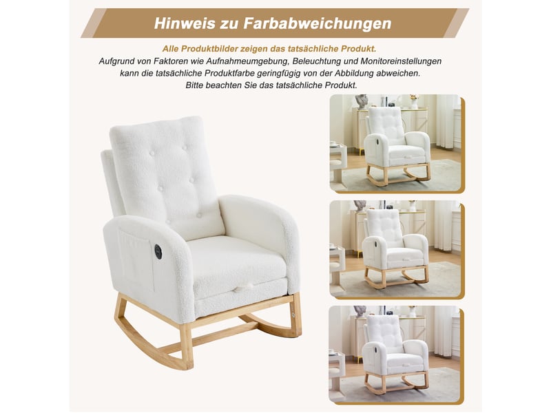 Fauteuil à bascule blanc 66,5 × 121,5 × 102 cm, tissu bouclette, repose-pieds réglable, poches latérales avec port usb - Conforama C
