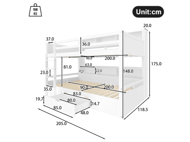  Lit enfant 90x200 cm,lit superposé avec 1 tiroir,étagères,échelle d'escalade et garde-corps,blanc lit enfant blanc - Conforama C