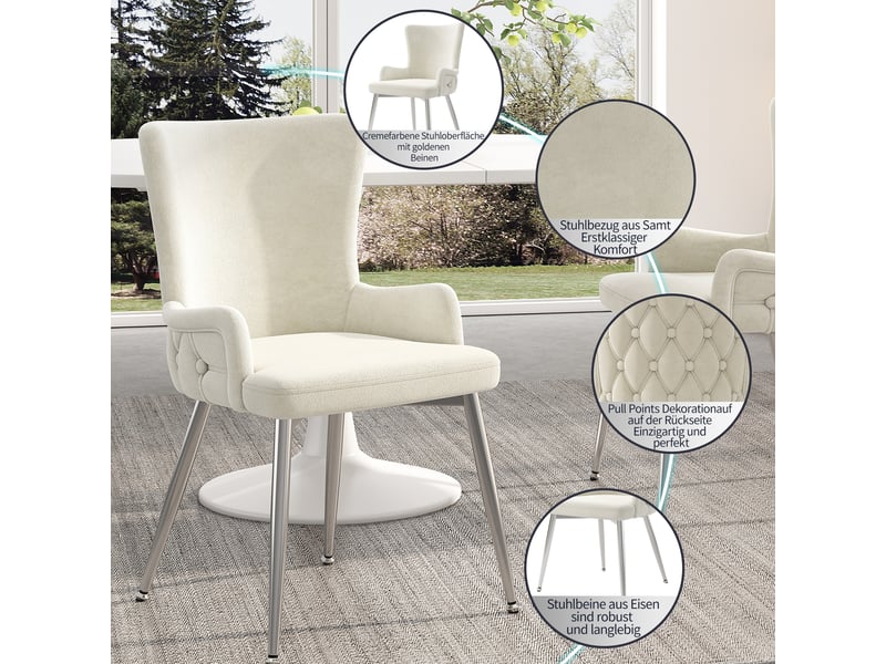  Chaises de salle à manger lot de 4 avec pieds antidérapants  - structure métal, velours beige et argent  - Conforama E