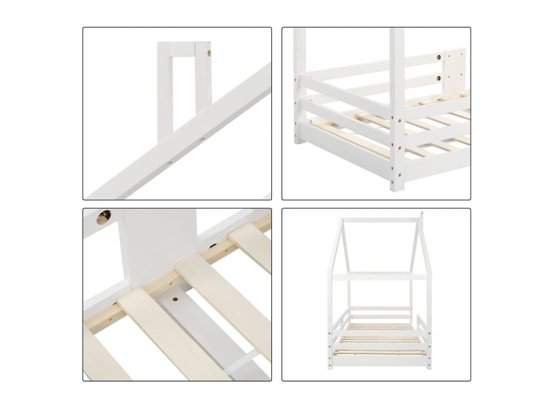 Lit cabane enfant 90x200cm, sommier, décoration de la cheminée de toit,protection, bois, blanc, sans matelas - Conforama D