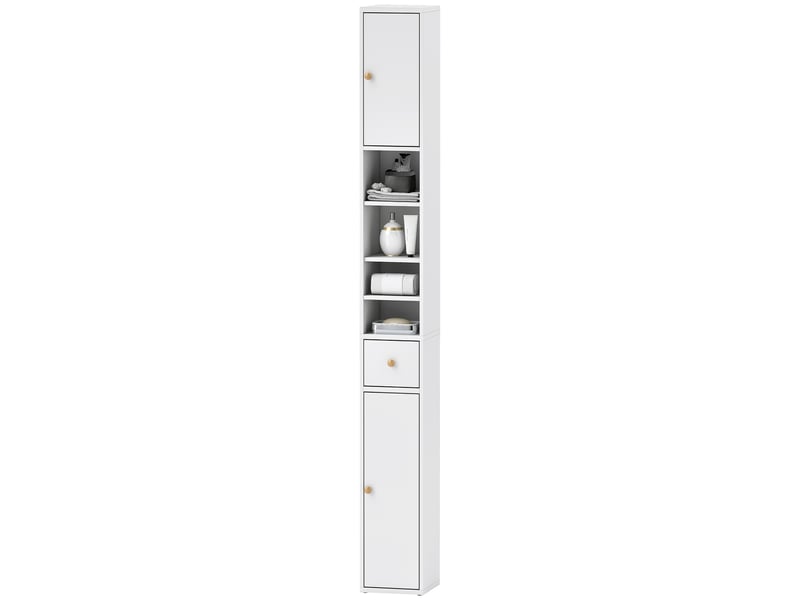  Meuble de salle de bains haut et étroit, avec compartiments ouverts et fermés, blanc  - Conforama B