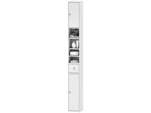 Meuble de salle de bains haut et étroit, avec compartiments ouverts et fermés, blanc