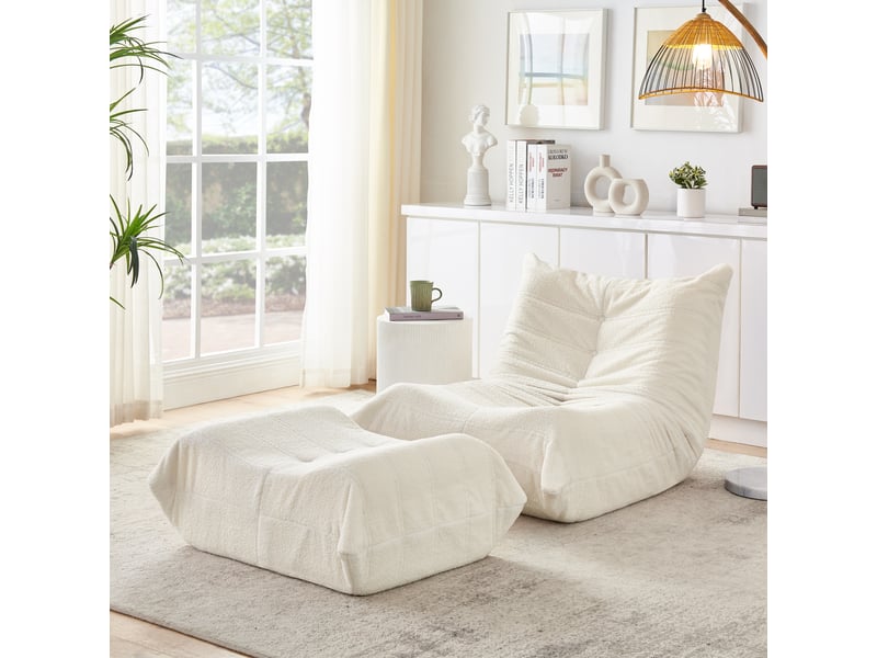  Canapé de sol 1 place, fauteuil relax avec pouf repose-pieds, 100x90x70 cm, canapé de sol sans montage, mousse haute résilience, tissu teddy beige  - Conforama B