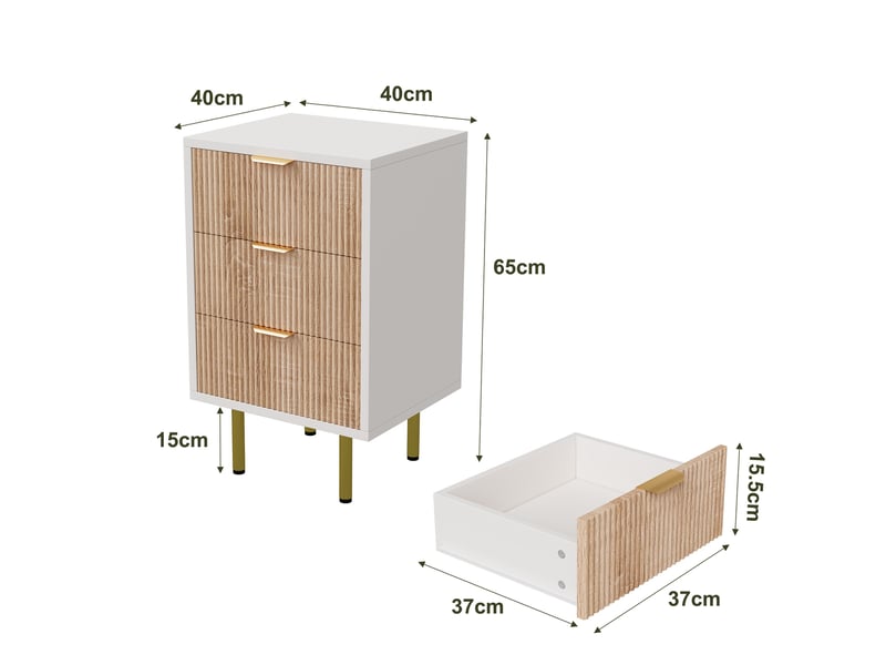  Lot de 2 table de chevet, 3 tiroirs, table d’appoint 40cm, design strié bois et blanc, pieds dorés, meuble de rangement, pour chambre, salon, entrée, style scandinave, chêne clair  - Conforama E