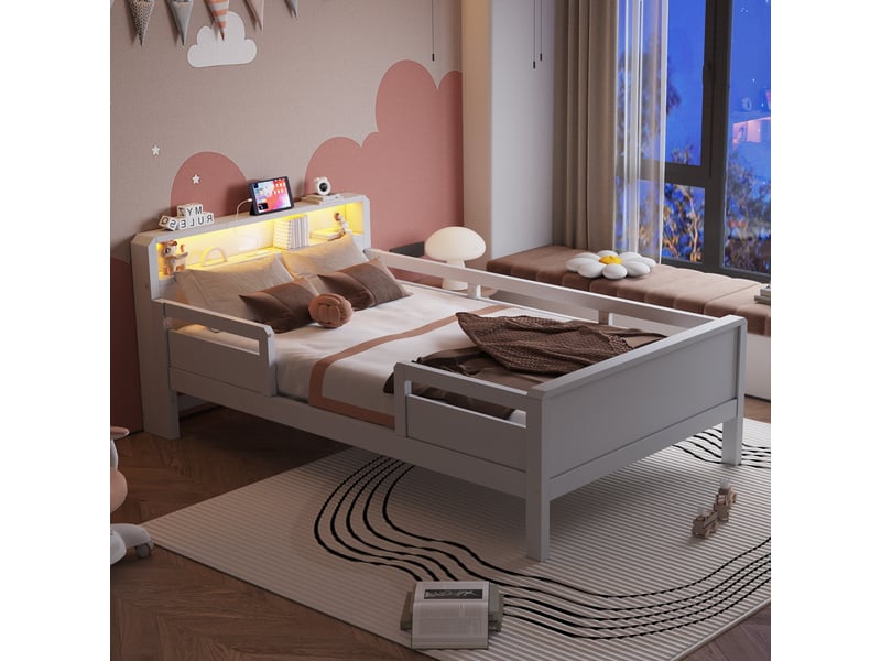  Lit enfant multifonction 90 x 200 cm - lit simple 90 x 200 cm - avec prise usb &amp; type-c, éclairage led et barrière de sécurité – bois -blanc  - Conforama E