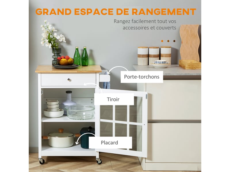  Desserte de cuisine à roulettes 1 porte vitrée 1 tiroir blanc 67 x 48 x 86,5 cm  - Conforama D