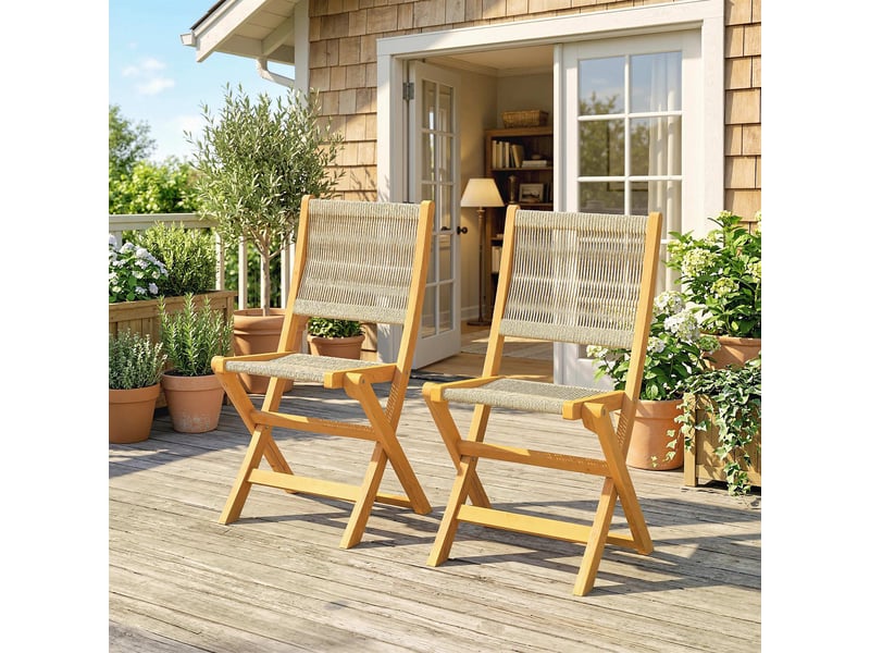 Lot de 2 chaises de jardin pliantes chaises de balcon en bois d'acacia assise en corde tressée naturel et beige - Conforama C