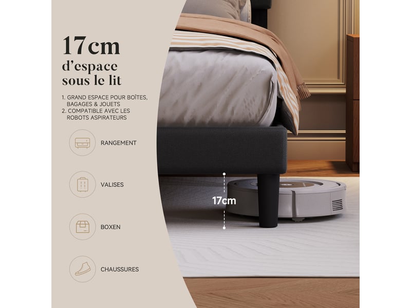 Lit 140 x 190 avec sommier à lattes, cadre de lit rembourré avec tête de lit réglable, pieds antidérapants, lit double, noir - Conforama D