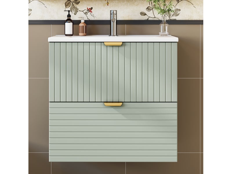  Meuble vasque mural 61x46x57 cm – vert menthe – 2 tiroirs silencieux et vasque intégrée, design moderne  - Conforama E