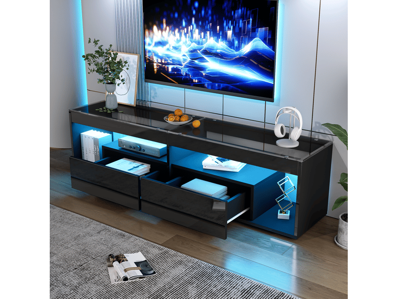  Meuble tv noir avec led 180 x 40 x 46 cm, 2 tiroirs, pour téléviseur jusqu'à 70 pouces  - Conforama E