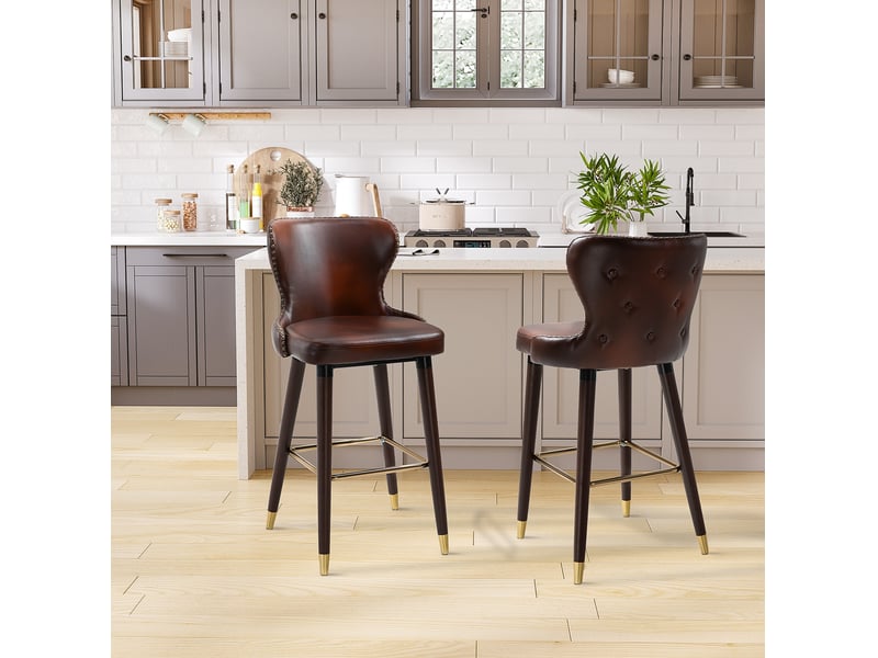  Tabourets de bar 52x53x101 cm, lot de 2, dossier bas, assise rembourrée, bois marron, structure métallique  - Conforama D