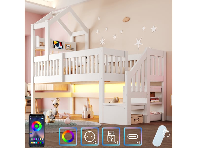 Lit mezzanine cabane enfant 90x200cm avec toit, étagère, veilleuse usb, bande led, barrières de sécurité et échelle de rangement, bois, blanc evarich - Conforama D