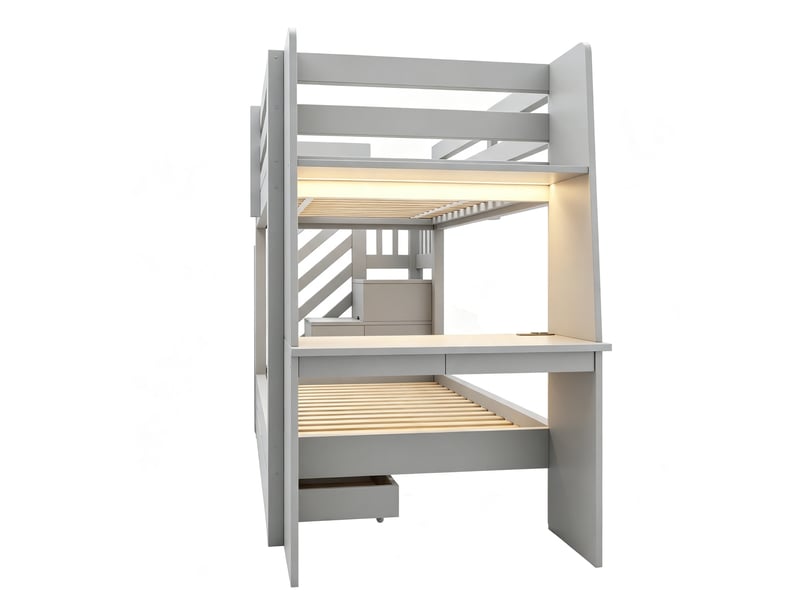  Lit superposé enfant 90 × 200 cm avec bureau, étagères, led réglable et 2 tiroirs, sans matelas, gris  - Conforama E