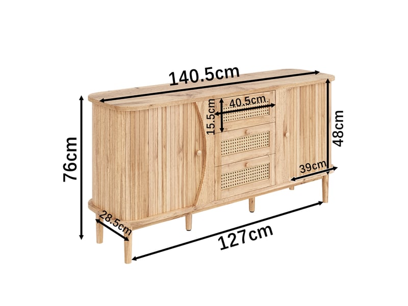  Buffet en rotin, portes coulissantes, étagères réglables, plateau incurvé, bois  - Conforama D