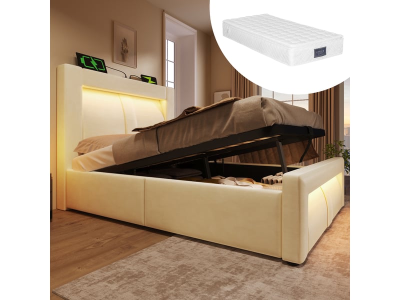  Lit coffre, lit enfant 90x200 cm, rangement hydraulique, led, usbusb-c, tête de lit incurvée, matelas inclus, velours beige  - Conforama A