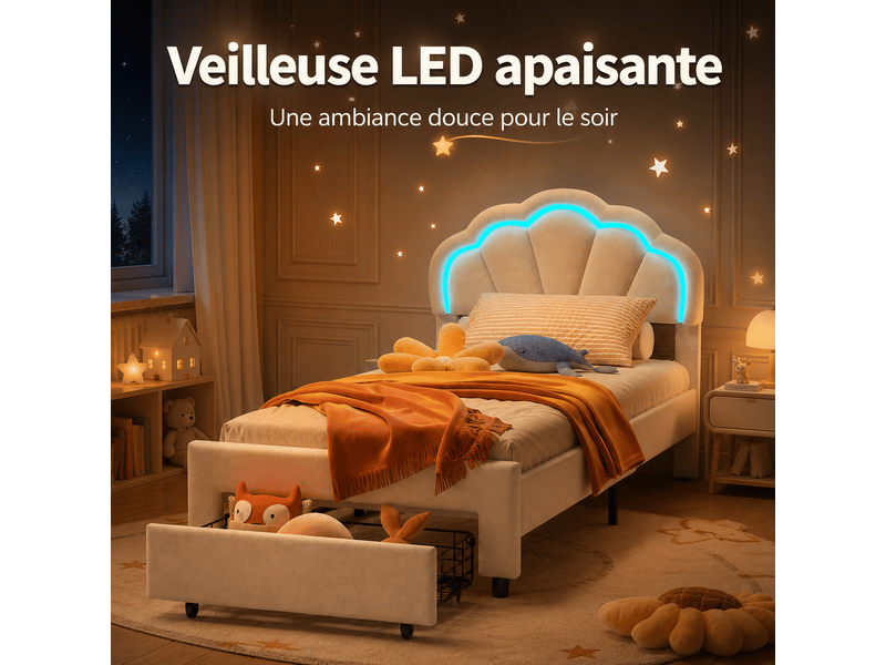 Lit simple capitonné 90x200 cm avec led et tiroirs - lit enfant avec tête de lit réglable en hauteur - sommier à lattes - lit enfant 90x200 cm - lit simple fille avec éclairage led rgb et tiroir - tête de lit réglable - sommier … - Conforama C