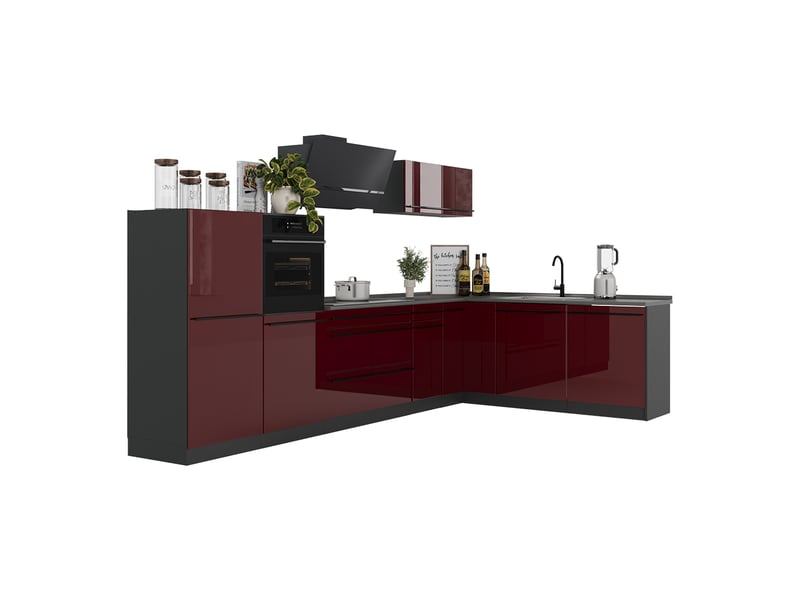  Vicco cuisine en angle, rouge brillantanthracite, 347 x cm plan de travail marbre  - Conforama E