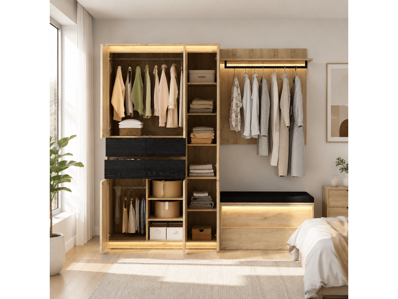  Garde-robe d'entrée,200x47x200 cm,avec miroir, led et 4 tiroirs,mdf  - Conforama B