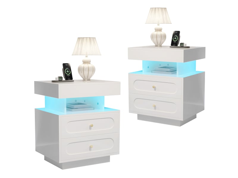  Table de chevet avec led, 50 x 40 x 60 cm, 2 tiroirs, 1 niche ouverte, blanc  - Conforama A