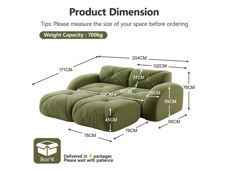  Canapé modulaire 2 places en chenille avec mousse 32d et structure sans cadre, pour salon, vert  - Conforama E