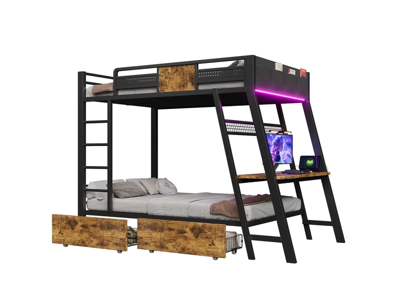  Lit superposé 90x200 cm, espace de rangement, avec bureau intégré, led et rangements, mdf et métal, noir, sans matelas  - Conforama A
