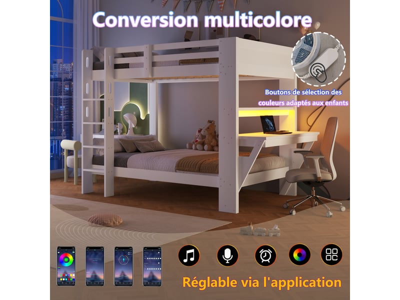 Lit mezzanine 90 x 200 cm, lit enfant surélevé, bureau intégré, étagères ouvertes, éclairage led, ports usb et usb-c, bois massif, blanc Morn Vibe - Conforama E