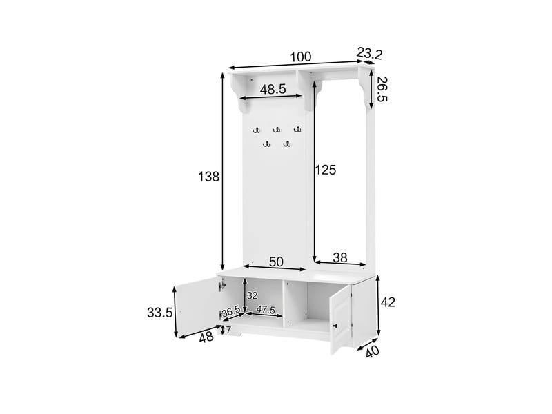 Vestiaire d'entrée avec miroir, porte-manteau d'entrée moderne avec banc à chaussures et 5 patères, mdf 100x40x180cm, blanc - Conforama E