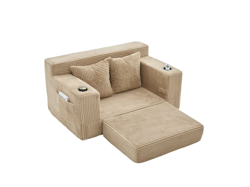  Canapé-lit 2 places 151x133x64 cm kaki en velours côtelé, assise extensible et poches latérales  - Conforama A