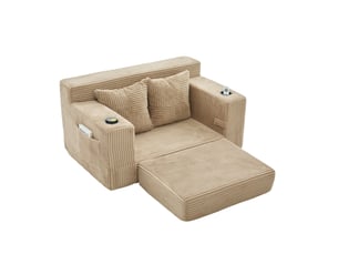 Canapé-lit 2 places 151x133x64 cm kaki en velours côtelé, assise extensible et poches latérales