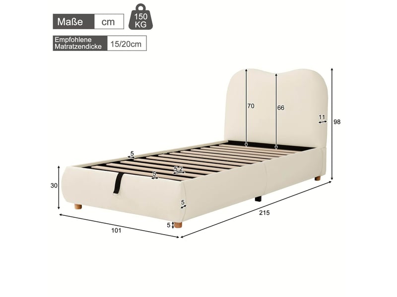  Lit enfant, coffre de rangement, tête de lit épaisse, sommier à lattes, sans matelas, pour la chambre, coloris beige  - Conforama C