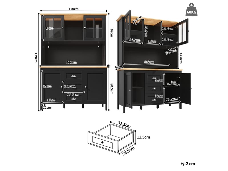  Buffet 120x40x180, rangement généreux buffet salle à manger, led intégrées, 4 portes, 3 tiroirs, finition blancnoir  - Conforama C