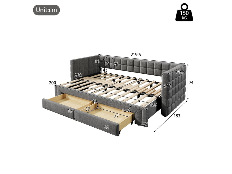 Lit extensible 90x200 cm en velours gris avec 2 tiroirs - Conforama C