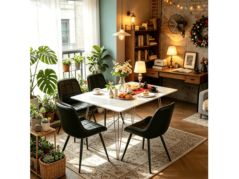  Lot de 4 chaises de salle à manger à dossier haut rembourré avec patins réglables en similicuir et métal noir  - Conforama B