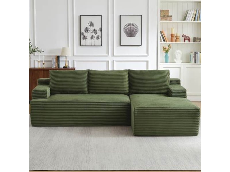 Canapé d’angle l (à droite) modulable 4 places 238 x 152 x 66 cm, assise profonde, convertible et sans montage, velours côtelé, vert OMNIGLINT TRADING LTD - Conforama B