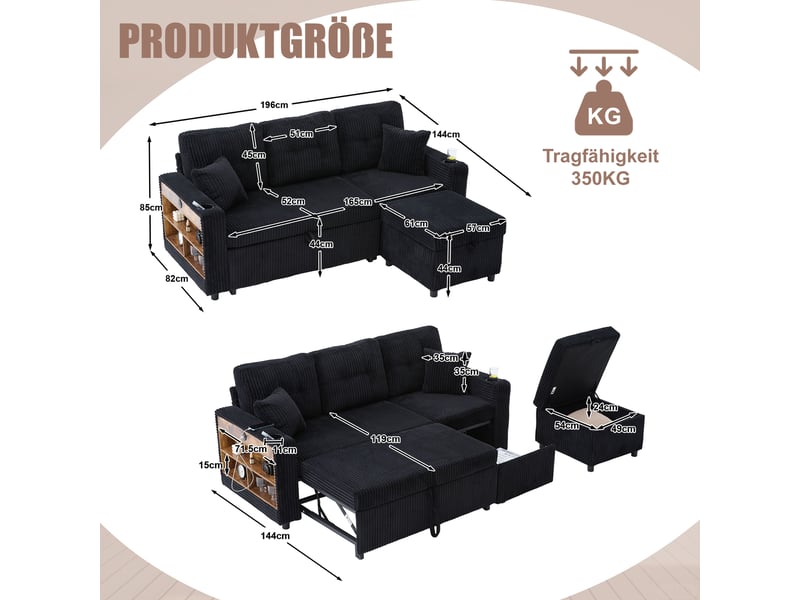  Canapé convertible 196 x 82-144 x 85 cm,coffre de rangement,usb-c, éclairage d’ambiance,porte-gobelets,accoudoirs larges,velours côtelé,noir Bliss Lite - Conforama C