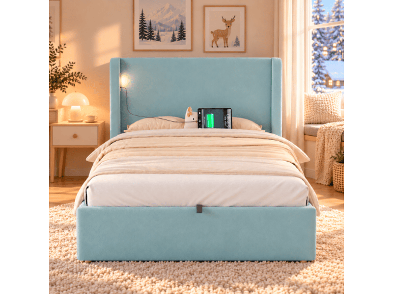  Lit capitonné, 90×200 cm, simple, hydraulique, sommier + tête de lit + grand rangement, led + usbtype-c, velours, bleu  - Conforama B