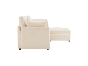 Canapé d'angle, avec couchage d'appoint, avec pouf, avec coussins, en tissu chenille, coloris beige, l216 x p161 x h81 cm