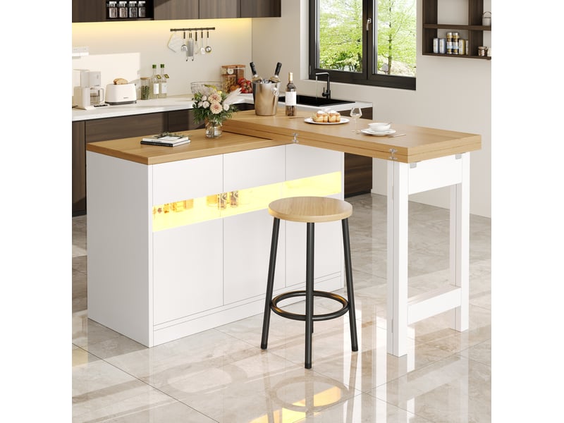 Buffet et enfilade extensible avec 4 portes led et rotation 360° pour cuisine et salle à manger en mdf blanc 120-180 cm - Conforama E