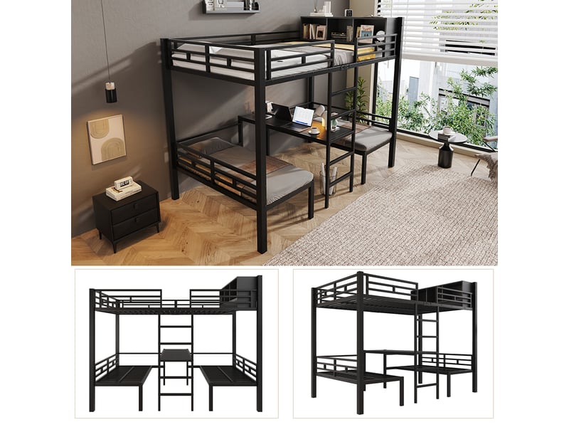 Lit superposé multifonction 120x200cm avec 2 couchages banquettes inférieurs 60x120cm, échelle droite et étagère, métal, noir evarich - Conforama D