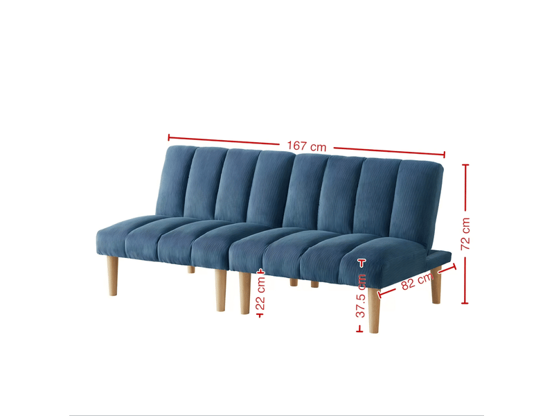  Canapé-lit 2 places 167x82x72 cm avec 8 pieds en bois robustes, dossier 3 positions réglables, velours côtelé bleu  - Conforama C
