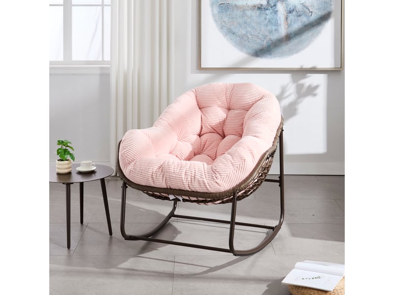  Fauteuil à bascule en rotin synthétique, coussin rembourré, acier, rose  - Conforama C