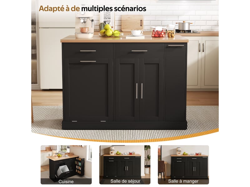  Desserte de cuisine avec 2 tiroirs, étagère 4 niveaux et compartiment poubelle, plateau rabattable 120×70×93 cm  - Conforama E