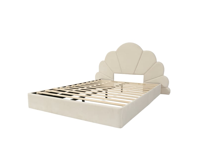 Lit enfant 140x200 cm avec tête de lit à pétales courbés, en velours beige, sans matelas - Conforama E
